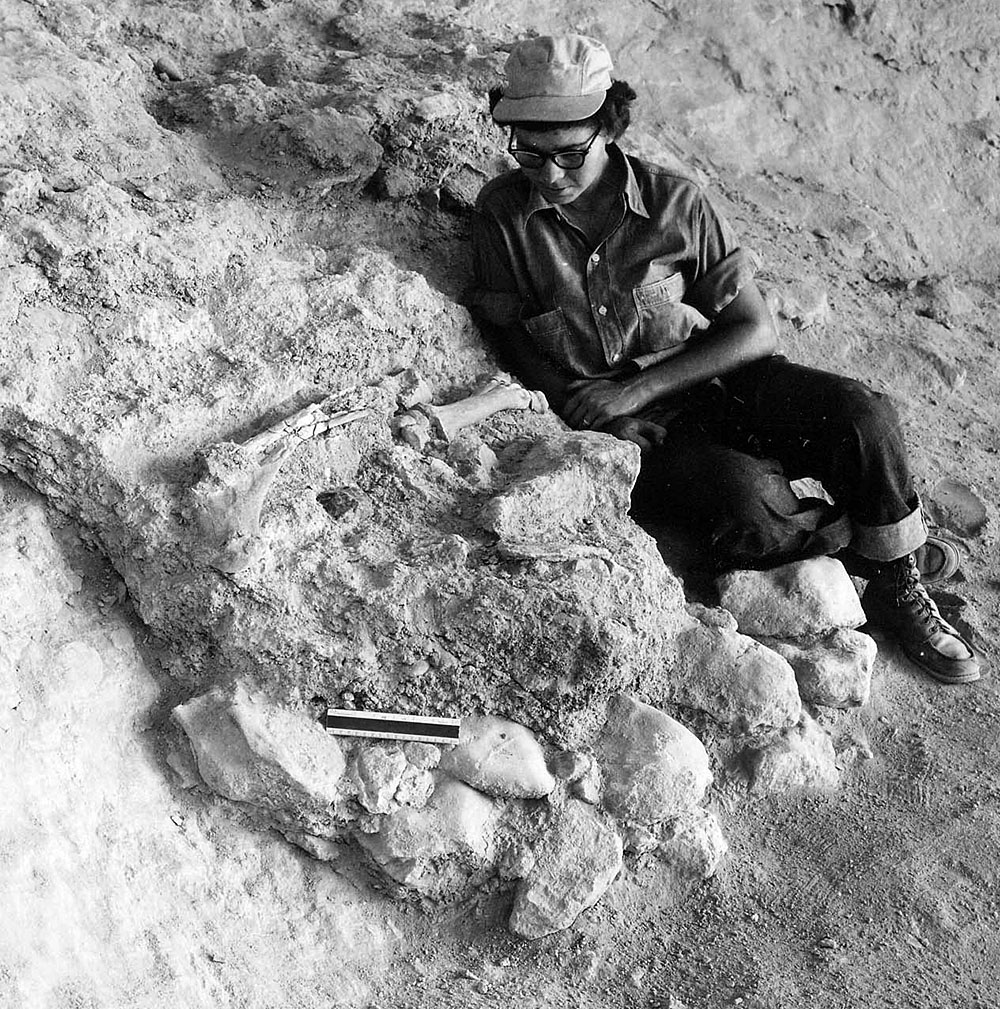photo of young woman reclined on ground examining animal bones
