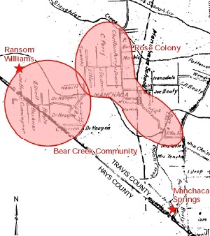 Map of approximate locations of the rural Bear Creek and Rose Colony settlements