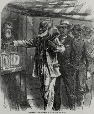 Illustrated titled, "The First Vote," by Alfred R. Waud, from Harper's Weekly, Nov. 16, 1867.