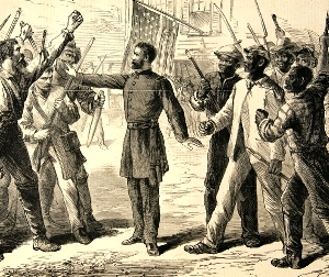 1868 Harper's Weekly illustration of an officer representing the Freedman's Bureau holds off armed groups of white and black Americans.