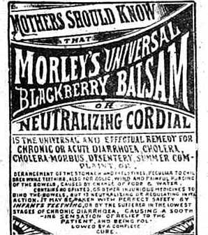 image of an advertisement for Morley's Drugstore, an early Austin retail store, featuring a popular "cure-all" tonic of the late 1890s