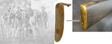 left: photo of Civil Ware soldiers; center: photo of tarnished brass plate artifact; right: photo of brass plate example