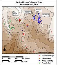 Contour map of site of the Battle of Lyman's Wagon Train showing the distribution of Indian and U.S. Army cartridges and bullets. Courtesy of the Texas Historical Commission.
