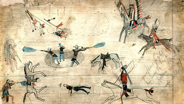 A Kiowa ledger drawing possibly depicting the Buffalo Wallow battle in 1874, one of several clashes between Southern Plains Indians and the U.S. Army during the Red River War.