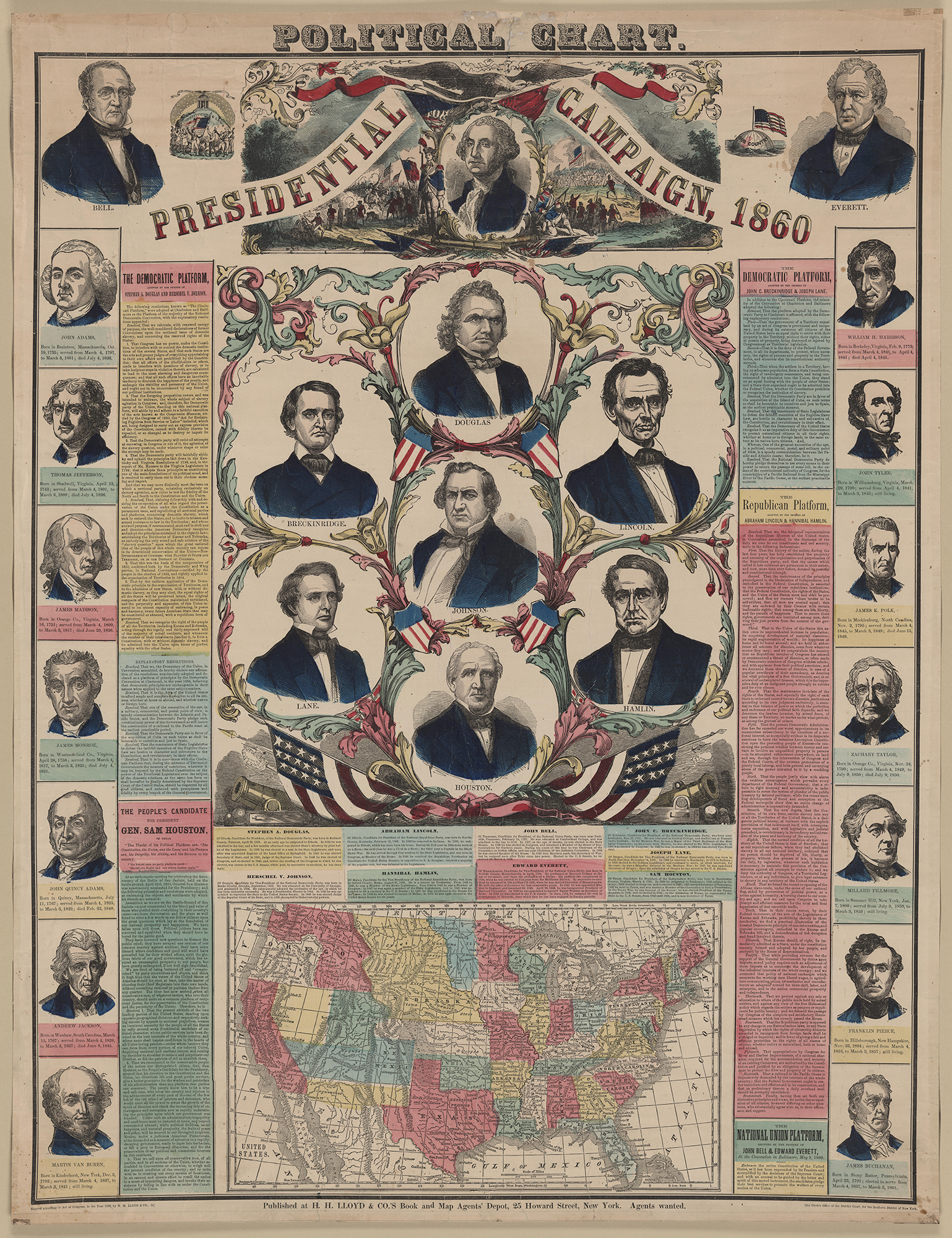 Illustrated, colorized political chart with illustrations of the heads of the candidates along the top and sides of the chart, with a map of the US at the bottom, and small text blurbs about the candidates in between.