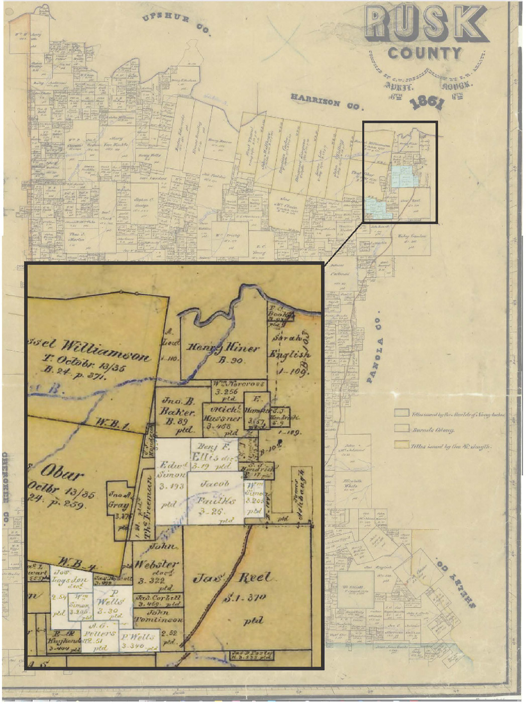 A tan colored historic map of Rusk County with tiny text.