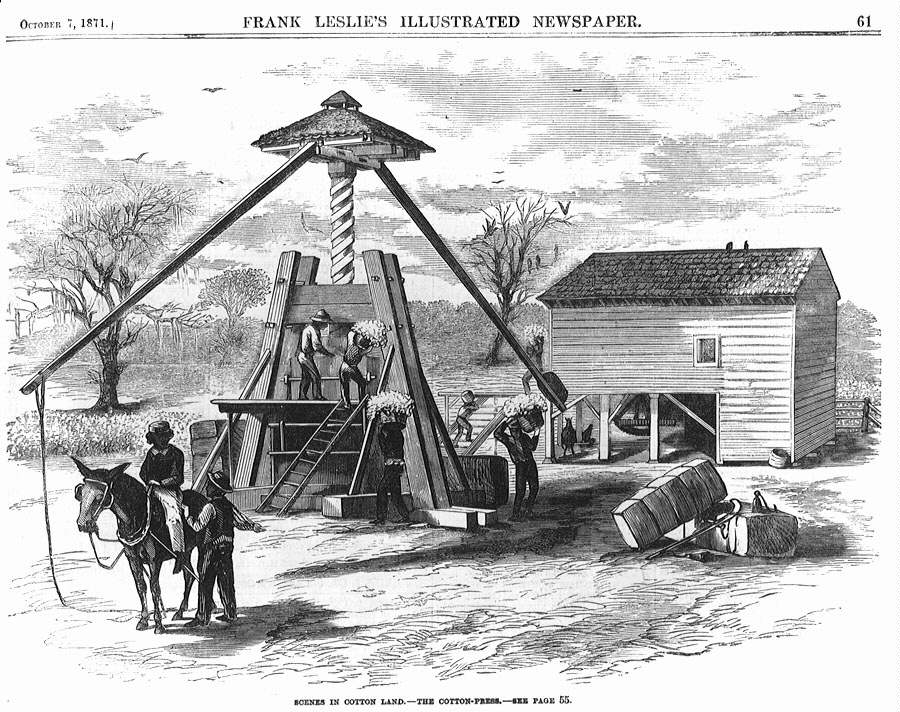 black and white drawing showing a barn in the background; in the foreground men are working around and on a strange tall piece of equipment which looks like a huge screw with attached wooden platform