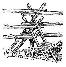 Black and white drawing of a small section of a wood pole fence below which grass grows