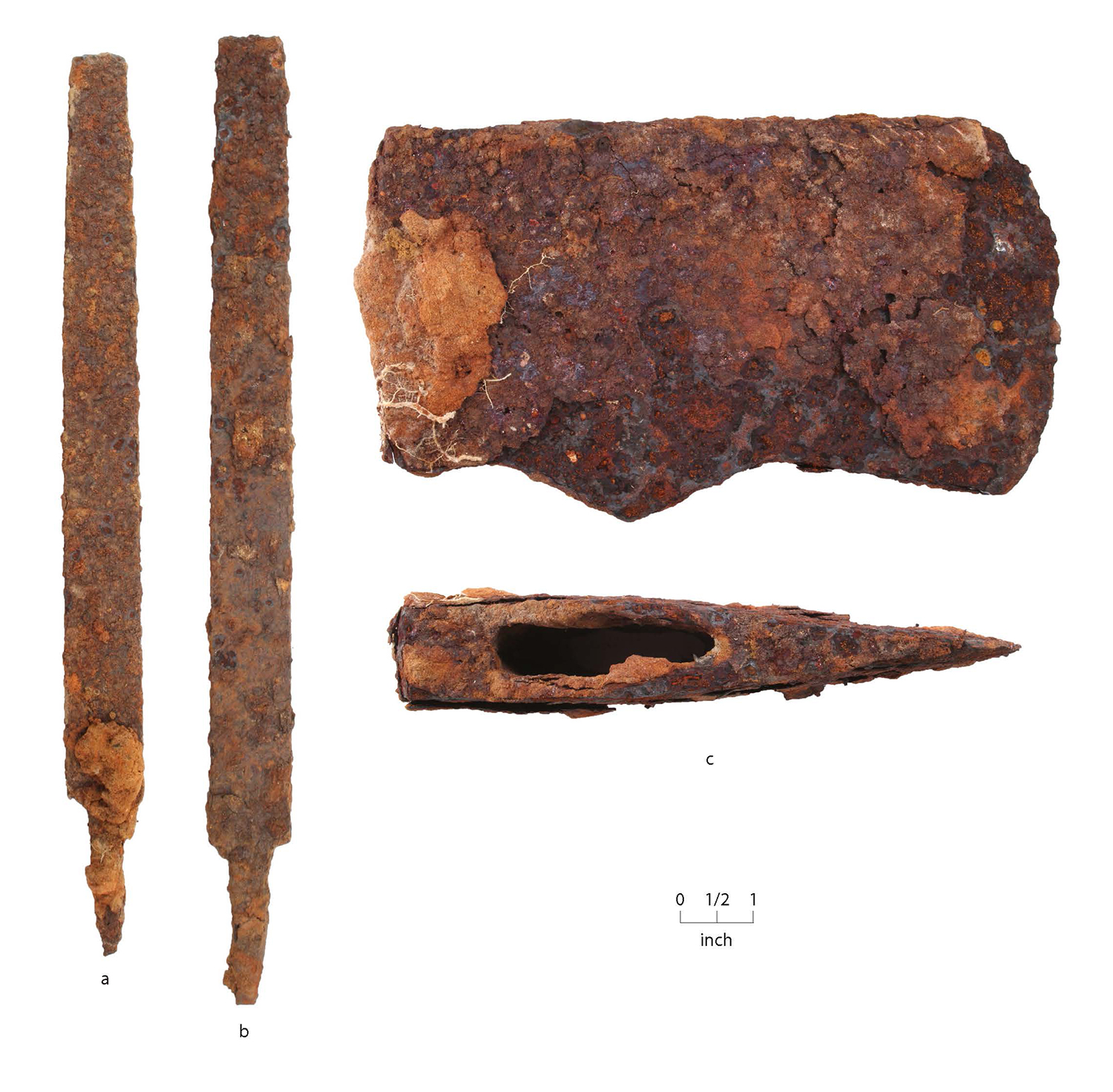 rusted metal tool fragments on a white background with a scale bar.