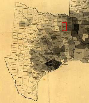 Sepia map of 19th century US with population of enslaved people depicted by county, symbolized by darker (more enslaved) and light (fewer enslaved) colors. This map is a zoom of Texas and western Louisiana. Rusk County is highlighted with a red rectangle. Clicking on the map will expand it to include the eastern half of the US.