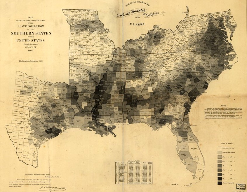 Yellowed black and white map of southeastern US with population density shading.