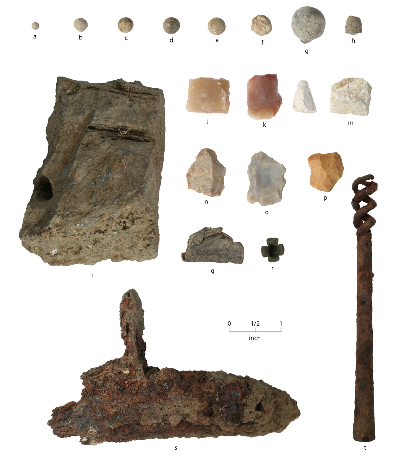 Photograph of many historic artifacts neatly arranged in rows on a white background with scale bar; some items are tiny, others larger.
