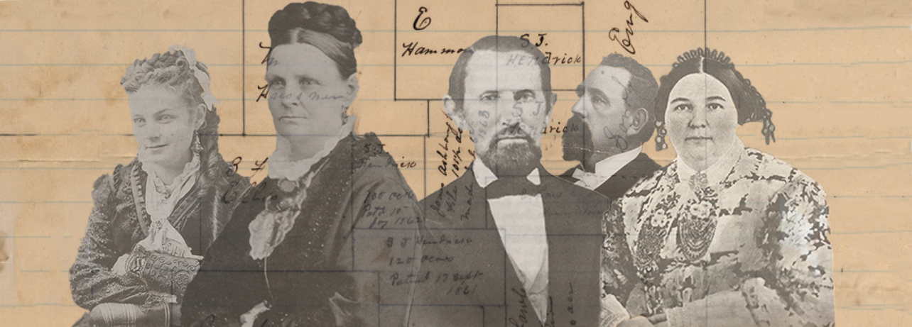 Sepia toned collage of five portraits of 19th century Euro-Americans overlaying a hand-drawn map of the land parcels they own. The two Ware women are on the left and three Hendrick family members, two men and a woman, are on the right.
