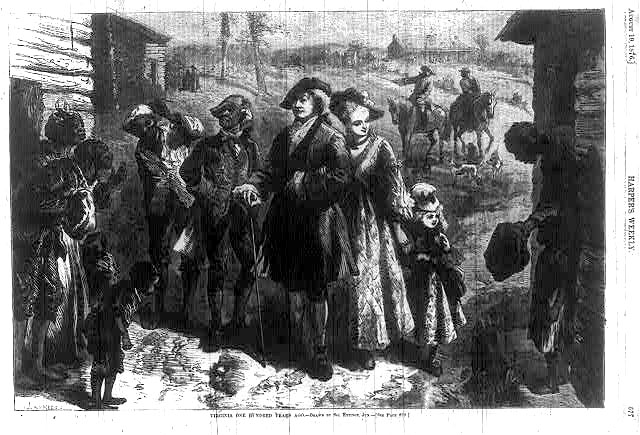 A black and white image of a Euro-American family bathed in light with African American people in the shadows to the right and left, at the entrances of log cabins. Two people on horseback in a pastoral landscape are in the background.