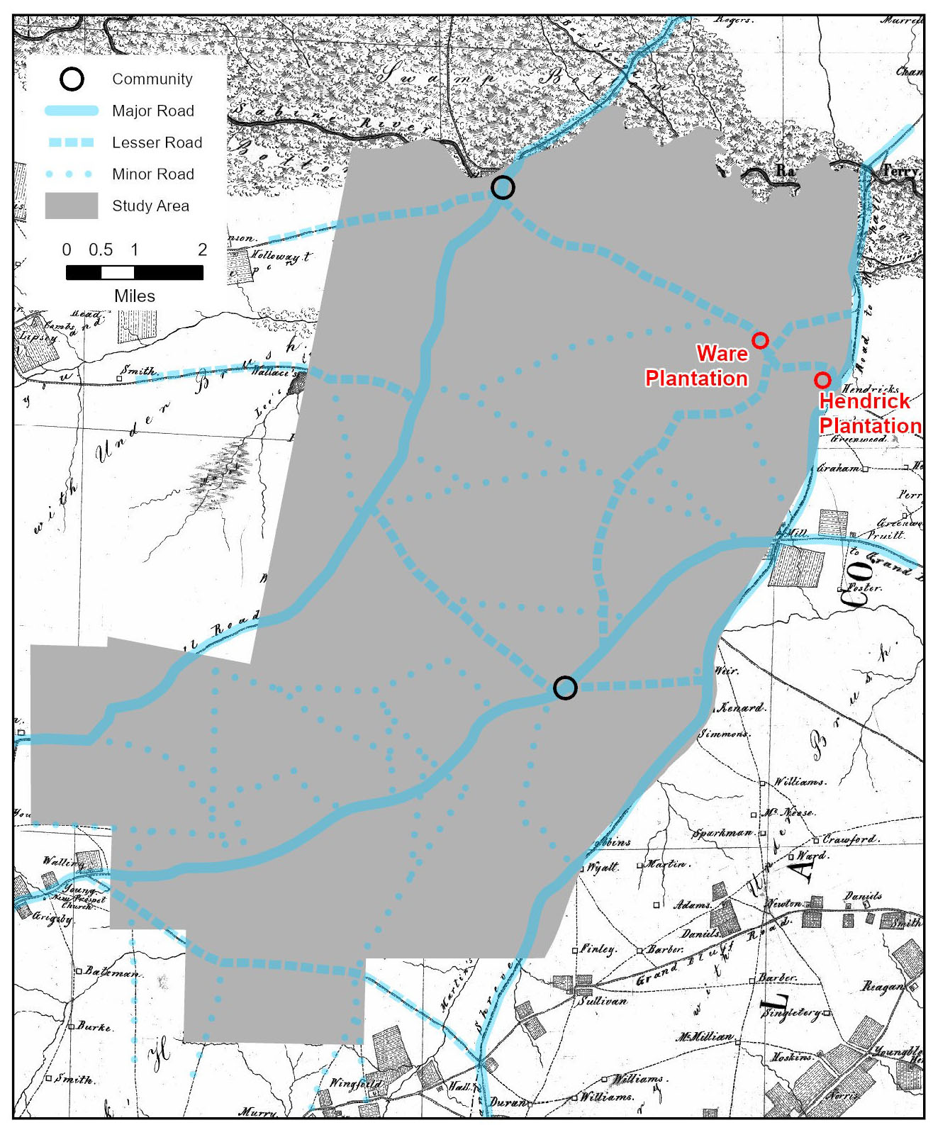 historic map overlayed with study area boundaries (gray area covering most of map) crossed by blue lines representing important roads; at top of map the Sabine River goes left to right
