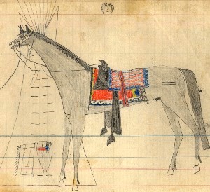 Ledger drawing of a horse decorated white man's saddle and two blankets in front of a tipi