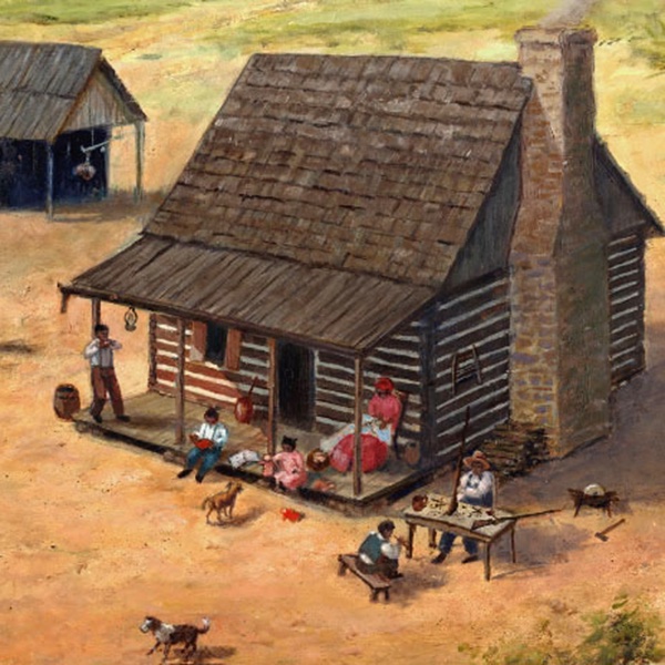 painting of a cabin with people sitting on the porch and working in the yard