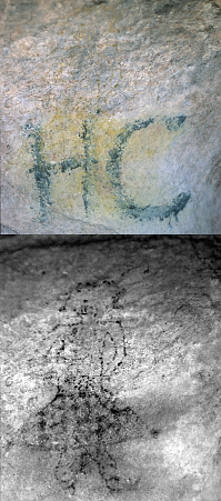 Photograph of a faded pictograph overwritten with modern grafitti (top) at Hueco Tanks has been computer enhanced