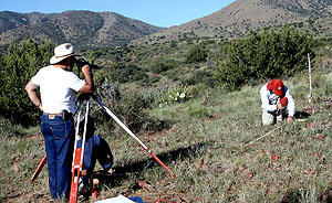 photo of archeologists from Prewitt and Associates, Inc., laying out 50-x-50-cm units