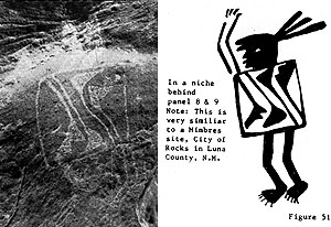 photo of anthromorph petroglyphs inset with Sutherland and Steed's sketch