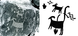 photo of petroglyphs of a hunting scene inset with Sutherland and Steed's sketch