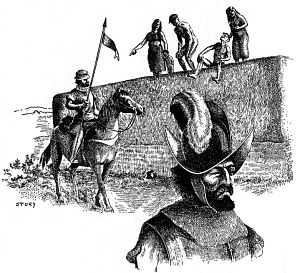 Artist’s depiction of La Junta natives standing atop the walls of their flat-topped pueblo to watch the arrival of Spanish explorers