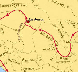 map of the transcontinental route of Cabeza de Vaca and his companions across south and west Texas and Mexico