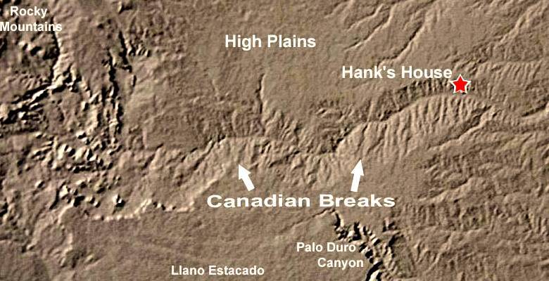shaded relief map showing location of Hank's house