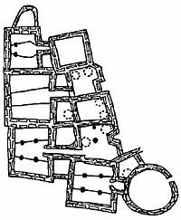 Drawing of outline of cluster of 12 rectangular rooms and one circular room.