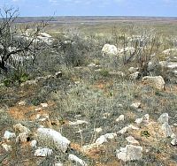 Photo showing rectangular outline of stone slabs in foreground and Canandian Valley in background.